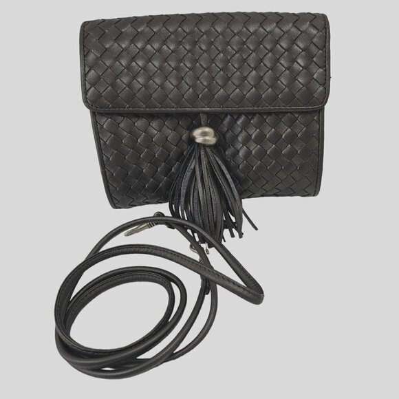 80s Aspects NY Tassel Woven Leather Crossbody/Clutch Bag Slim Strap Gray Silver - Picture 4 of 12